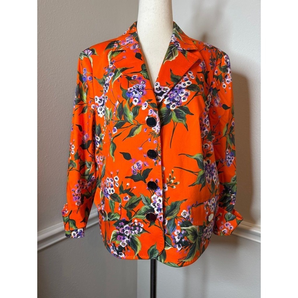 Escada Orange Floral Print Cotton Blend Blazer Jacket Size 44